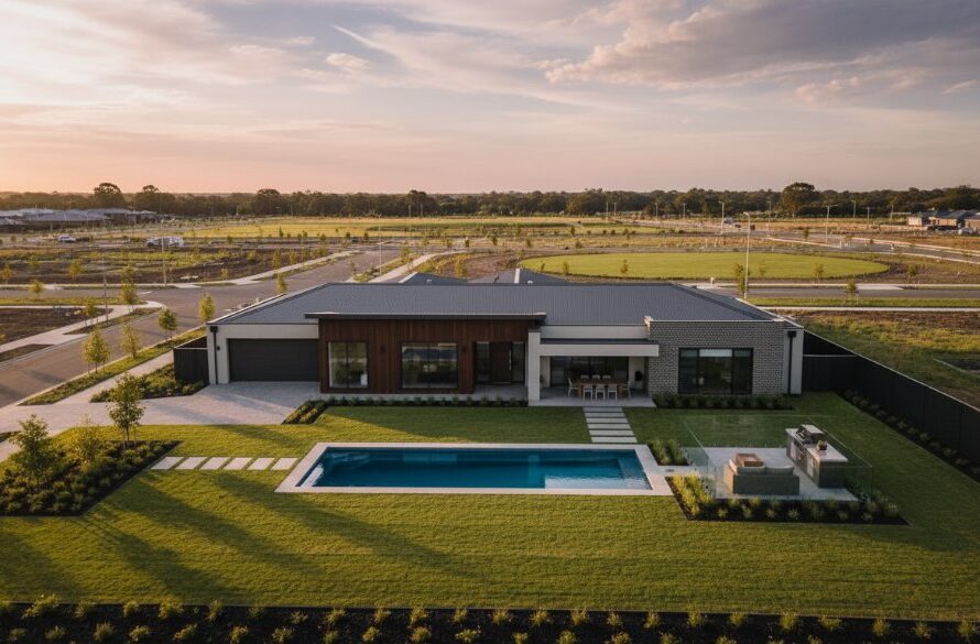 An aerial shot of a beautifully designed modern home in Lucas, Victoria, bathed in golden hour light, showcasing the stunning Lucas drone photography for modern property listings, with dramatic shadows and rich colours.