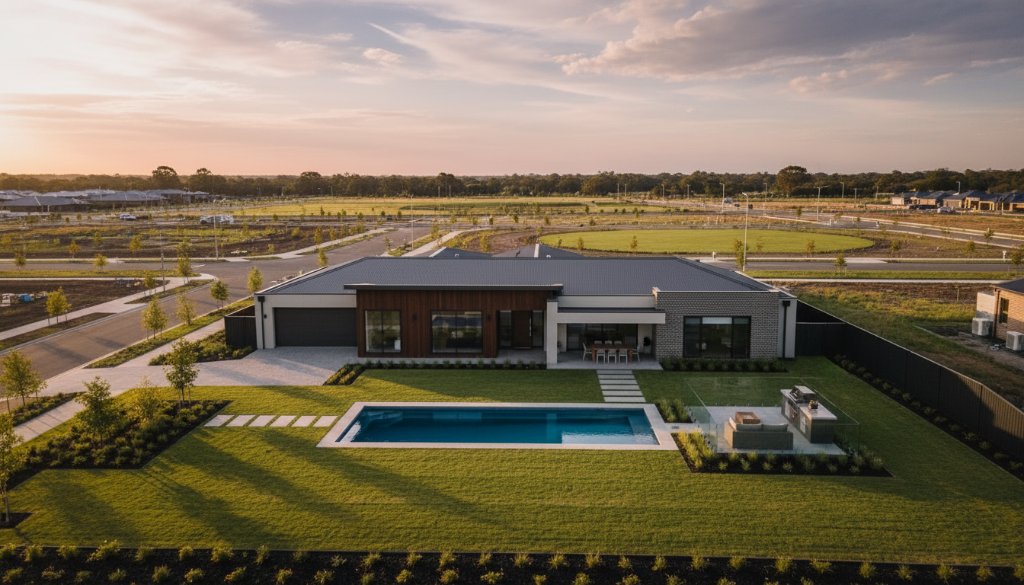 An aerial shot of a beautifully designed modern home in Lucas, Victoria, bathed in golden hour light, showcasing the stunning Lucas drone photography for modern property listings, with dramatic shadows and rich colours.