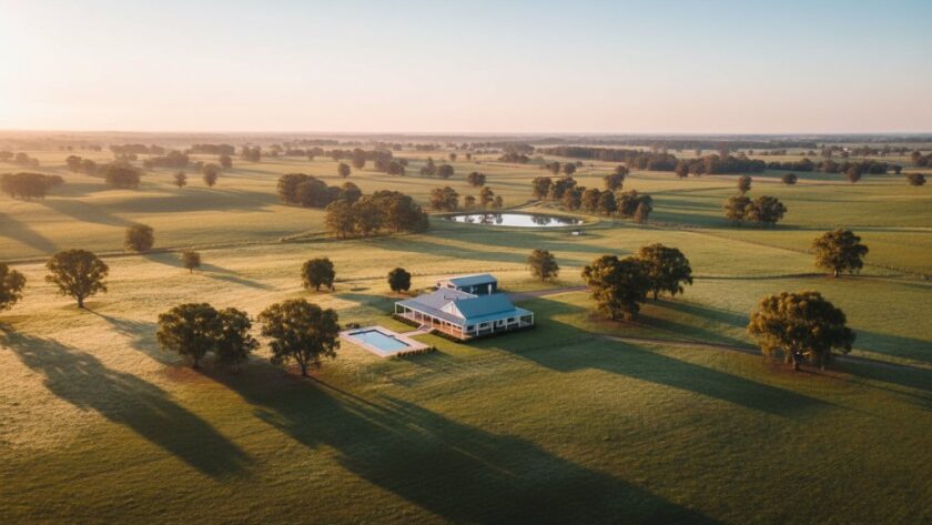 An expansive aerial shot showcasing a beautifully landscaped rural property in Marong, Victoria at sunrise, captured with stunning Marong drone photography for rural property showcases, highlighting golden light across fields and a modern farmhouse.