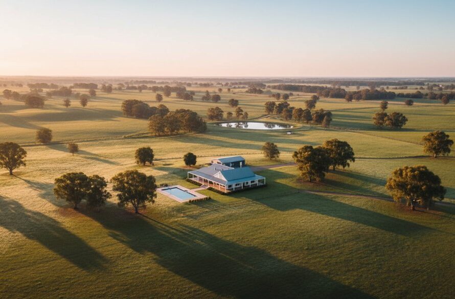 An expansive aerial shot showcasing a beautifully landscaped rural property in Marong, Victoria at sunrise, captured with stunning Marong drone photography for rural property showcases, highlighting golden light across fields and a modern farmhouse.