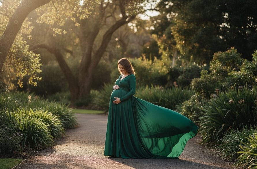A breathtaking, professionally colour-graded photograph showcasing a pregnant woman in an elegant, flowing gown, standing amidst the lush, sun-dappled greenery of the Colac Botanic Gardens at golden hour. Her silhouette is softly illuminated by warm, dramatic backlighting, embodying a serene and epic moment of anticipation during her stunning maternity photoshoot Colac Victoria botanic gardens. The scene captures pure joy and natural beauty with a cinematic feel.
