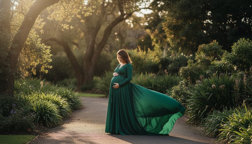 A breathtaking, professionally colour-graded photograph showcasing a pregnant woman in an elegant, flowing gown, standing amidst the lush, sun-dappled greenery of the Colac Botanic Gardens at golden hour. Her silhouette is softly illuminated by warm, dramatic backlighting, embodying a serene and epic moment of anticipation during her stunning maternity photoshoot Colac Victoria botanic gardens. The scene captures pure joy and natural beauty with a cinematic feel.