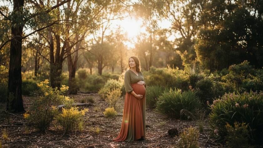 A pregnant woman, in the golden hour light of a Croydon Hills bushland setting, looking serene and radiant, with her hands gently cradling her belly, embodying the beauty of a stunning outdoor maternity photoshoot Croydon Hills Victoria. The sunbeams filter through the eucalyptus trees, creating a warm, ethereal glow around her, captured in an epic, professional photograph.
