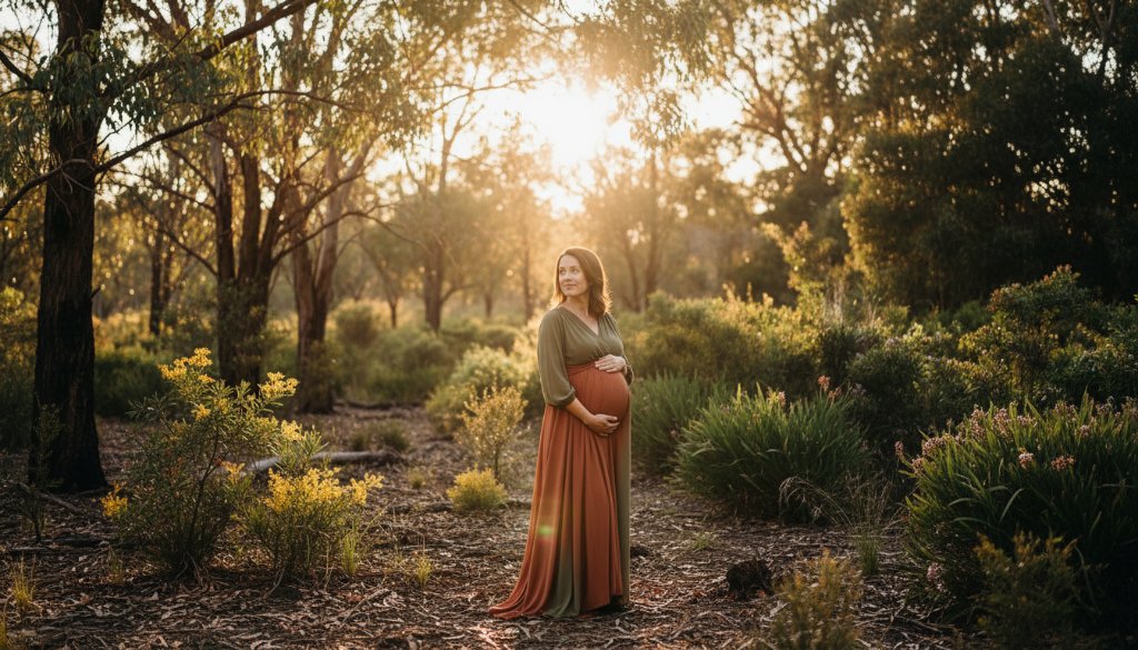 A pregnant woman, in the golden hour light of a Croydon Hills bushland setting, looking serene and radiant, with her hands gently cradling her belly, embodying the beauty of a stunning outdoor maternity photoshoot Croydon Hills Victoria. The sunbeams filter through the eucalyptus trees, creating a warm, ethereal glow around her, captured in an epic, professional photograph.