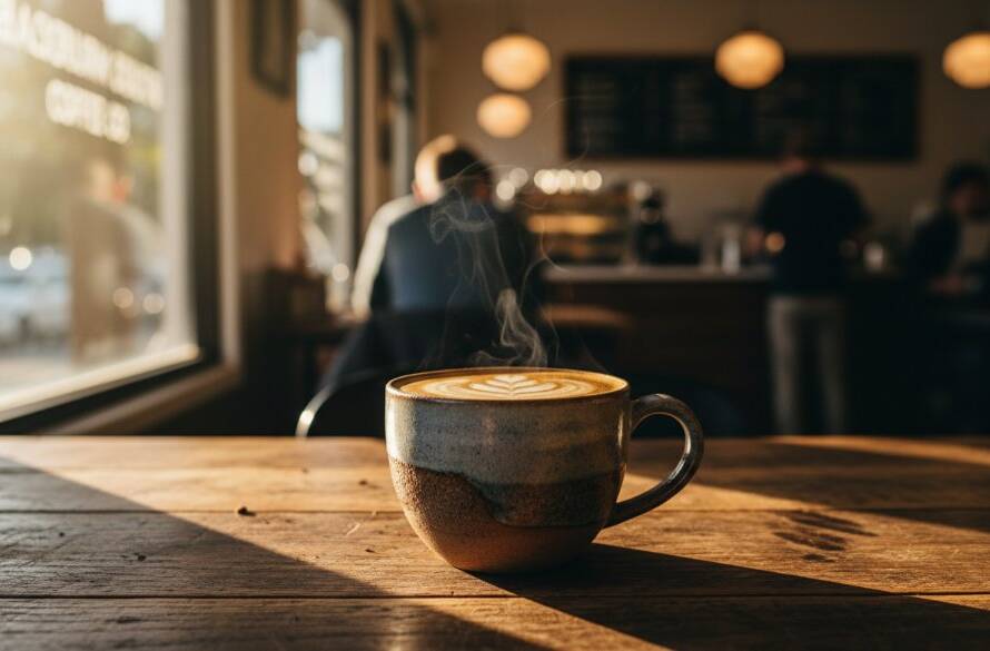Dramatic, cinematic shot of a beautifully lit artisan ceramic bowl, showcasing its unique texture and glaze, with a blurred background of a bustling Blackburn South cafe interior, highlighting stunning product photography Blackburn South for small businesses.