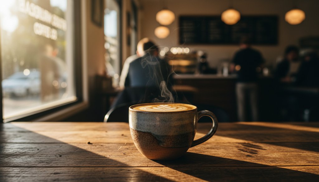 Dramatic, cinematic shot of a beautifully lit artisan ceramic bowl, showcasing its unique texture and glaze, with a blurred background of a bustling Blackburn South cafe interior, highlighting stunning product photography Blackburn South for small businesses.