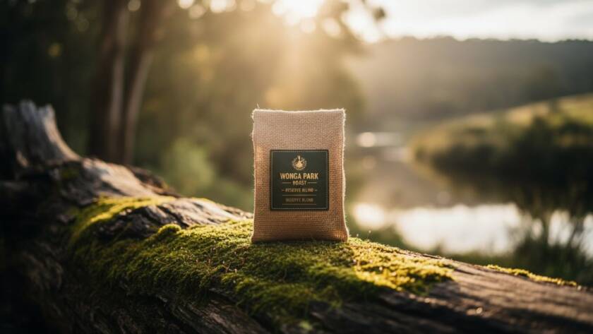 An epic moment: A meticulously crafted jar of Wonga Park wildflower honey, glowing golden in dramatic natural light, placed on a rustic timber slab with the serene Yarra River and distant hills of Wonga Park in the soft-focused background, showcasing stunning product photography Wonga Park for local artisans.