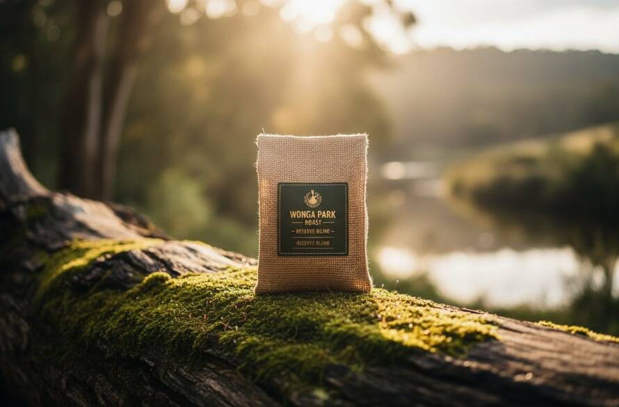 An epic moment: A meticulously crafted jar of Wonga Park wildflower honey, glowing golden in dramatic natural light, placed on a rustic timber slab with the serene Yarra River and distant hills of Wonga Park in the soft-focused background, showcasing stunning product photography Wonga Park for local artisans.