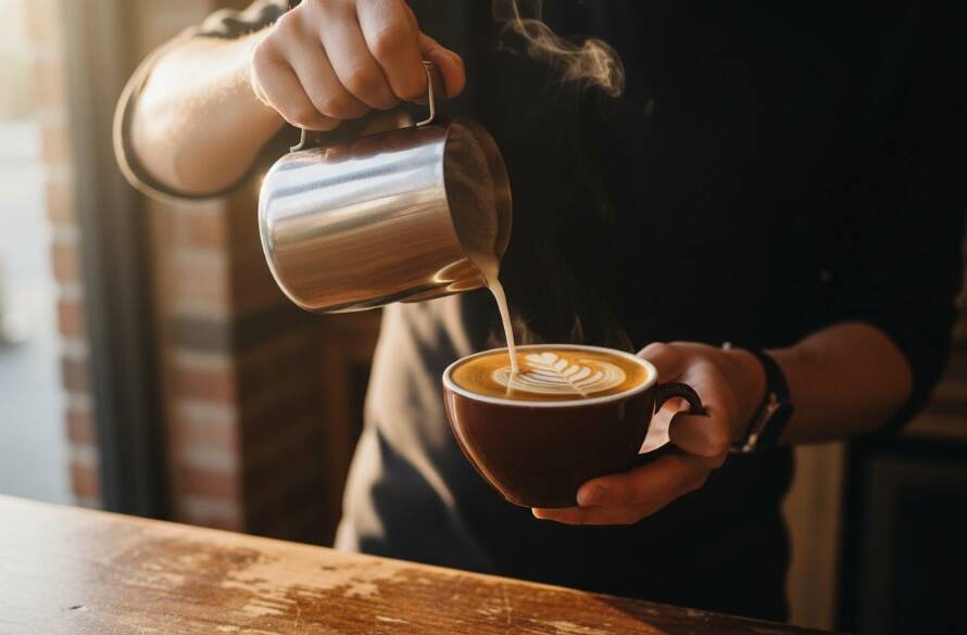 A dramatic, close-up shot showcasing stunning Wonga Park cafe food photography of a perfectly crafted flat white coffee with intricate latte art, steam gently rising, bathed in warm, soft morning light streaming through a cafe window in Wonga Park, Victoria. The scene captures an epic moment of culinary artistry and warmth.