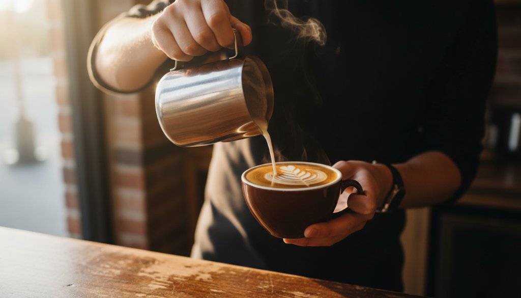 A dramatic, close-up shot showcasing stunning Wonga Park cafe food photography of a perfectly crafted flat white coffee with intricate latte art, steam gently rising, bathed in warm, soft morning light streaming through a cafe window in Wonga Park, Victoria. The scene captures an epic moment of culinary artistry and warmth.