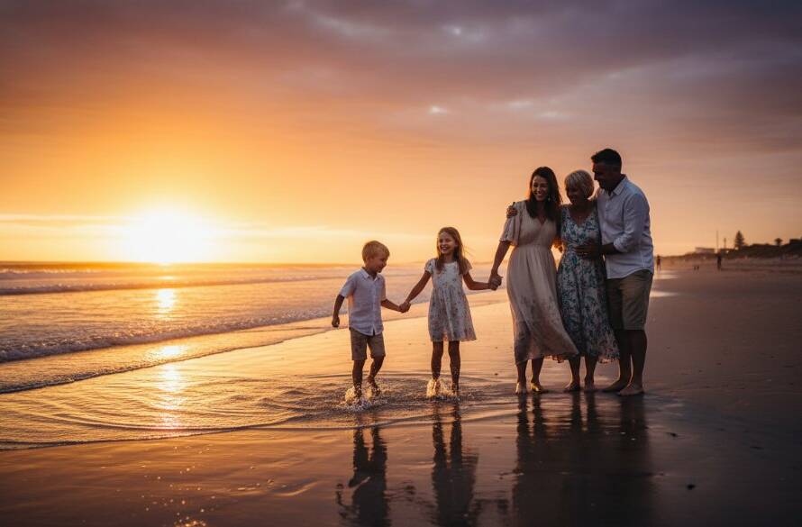 A stunning, professionally color-graded photograph capturing a joyful family silhouetted against a dramatic orange and purple sunset on Edithvale Beach, Victoria, during an authentic sunset family photography Edithvale beachfront memories session, with children laughing and playing near the water's edge.