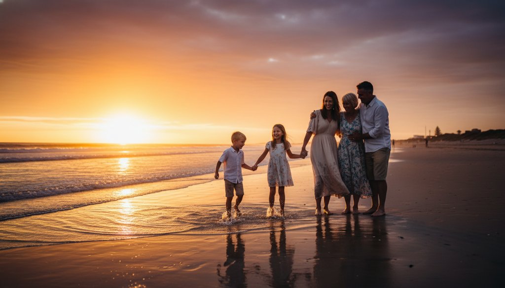 A stunning, professionally color-graded photograph capturing a joyful family silhouetted against a dramatic orange and purple sunset on Edithvale Beach, Victoria, during an authentic sunset family photography Edithvale beachfront memories session, with children laughing and playing near the water's edge.