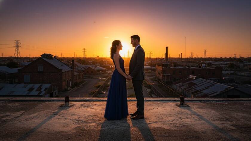 A stunning wide shot capturing a couple in an embrace during their sunset pre-wedding photos in Sunshine West, set against a dramatic industrial backdrop with the sun setting, creating a golden hour glow and long shadows, professionally color-graded with a cinematic feel.