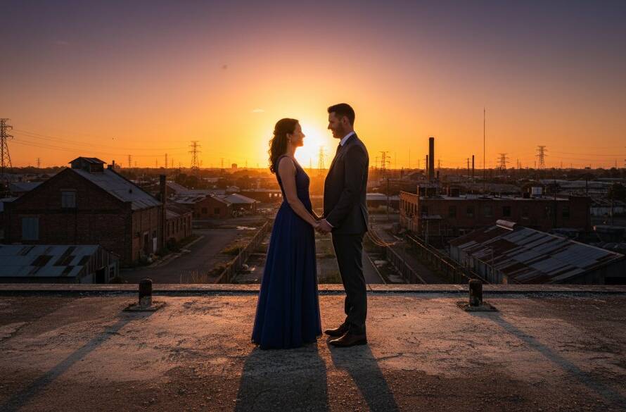A stunning wide shot capturing a couple in an embrace during their sunset pre-wedding photos in Sunshine West, set against a dramatic industrial backdrop with the sun setting, creating a golden hour glow and long shadows, professionally color-graded with a cinematic feel.