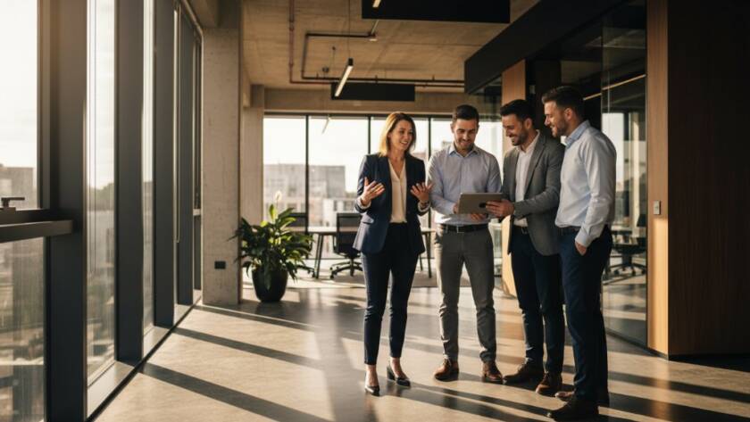 A candid, high-impact corporate photography moment in Sunshine, featuring a diverse team collaborating dynamically in a modern office, captured with dramatic lighting and professional colour grading, symbolising local business growth.