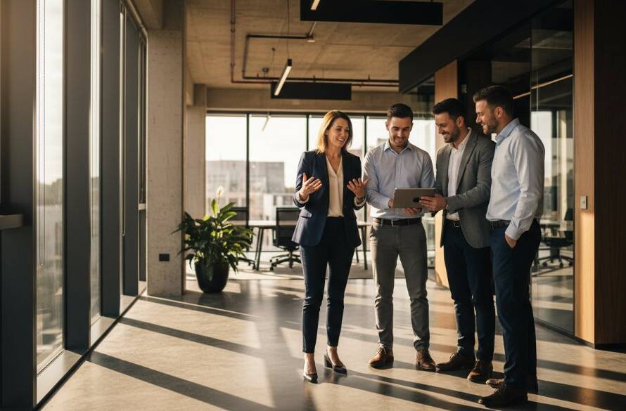 A candid, high-impact corporate photography moment in Sunshine, featuring a diverse team collaborating dynamically in a modern office, captured with dramatic lighting and professional colour grading, symbolising local business growth.