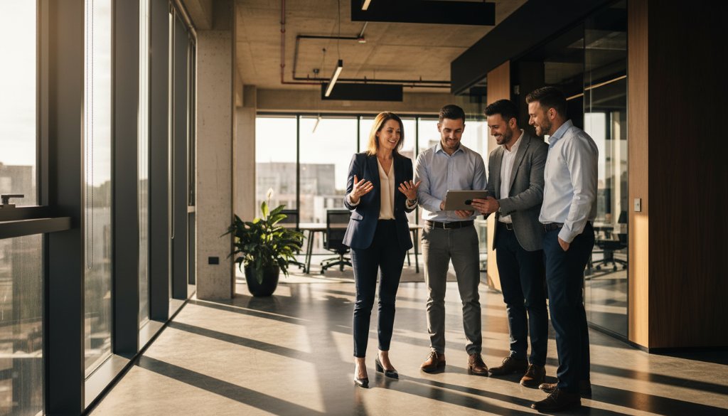 A candid, high-impact corporate photography moment in Sunshine, featuring a diverse team collaborating dynamically in a modern office, captured with dramatic lighting and professional colour grading, symbolising local business growth.