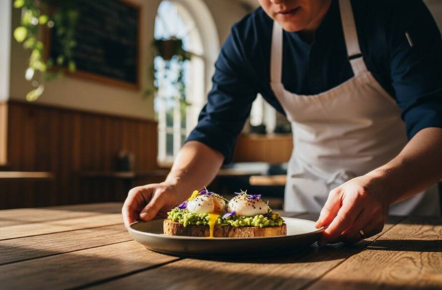 An epic moment capture of a perfectly styled brunch spread on a rustic table outside a bustling Sunshine North cafe, bathed in golden morning light, highlighting the Sunshine North cafe menu photography excellence with dramatic shallow depth of field.