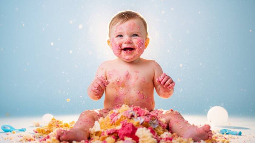 A delighted one-year-old child in Sunshine North, covered in cake, joyfully smashes a colourful birthday cake, capturing an unforgettable first birthday cake smash photography Victoria moment with dramatic studio lighting and vibrant colours.
