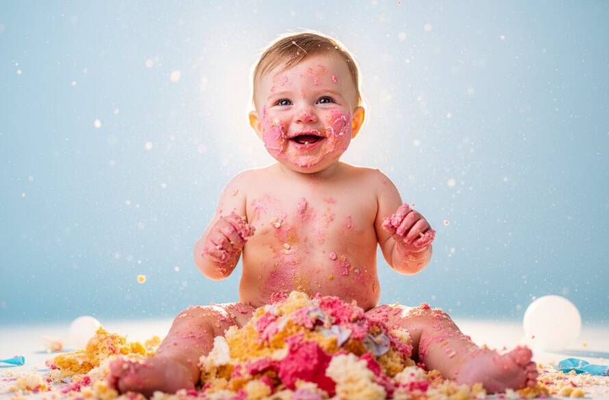 A delighted one-year-old child in Sunshine North, covered in cake, joyfully smashes a colourful birthday cake, capturing an unforgettable first birthday cake smash photography Victoria moment with dramatic studio lighting and vibrant colours.