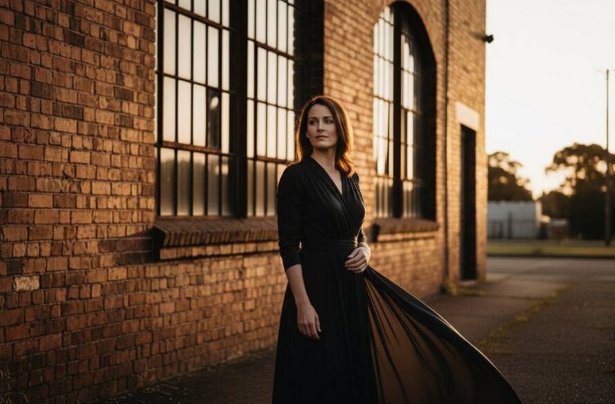 A fine art portrait from Sunshine North fine art photography capturing ethereal beauty, featuring a subject bathed in dramatic, golden hour light near the historic Sunshine Harvester Works, evoking a sense of timeless elegance and profound emotion. The subject stands amidst soft focus industrial heritage, with the setting sun casting long, warm shadows.