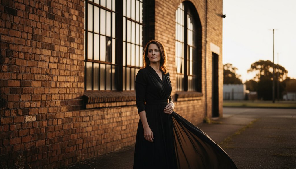 A fine art portrait from Sunshine North fine art photography capturing ethereal beauty, featuring a subject bathed in dramatic, golden hour light near the historic Sunshine Harvester Works, evoking a sense of timeless elegance and profound emotion. The subject stands amidst soft focus industrial heritage, with the setting sun casting long, warm shadows.