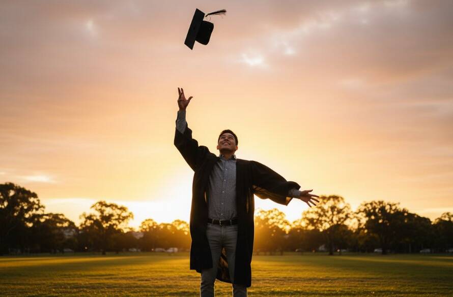 An emotionally resonant, epic moment photograph of a beaming graduate in Sunshine North, mid-air with their cap, silhouetted against a golden hour sunset over a scenic local park, embodying the joy of 'Sunshine North graduation photography memorable moments'.