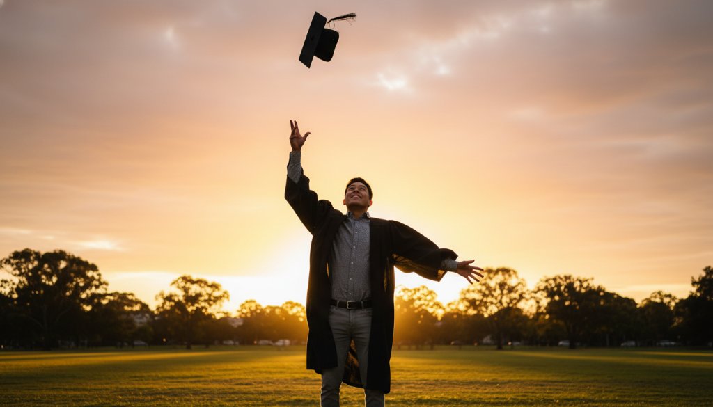 An emotionally resonant, epic moment photograph of a beaming graduate in Sunshine North, mid-air with their cap, silhouetted against a golden hour sunset over a scenic local park, embodying the joy of 'Sunshine North graduation photography memorable moments'.
