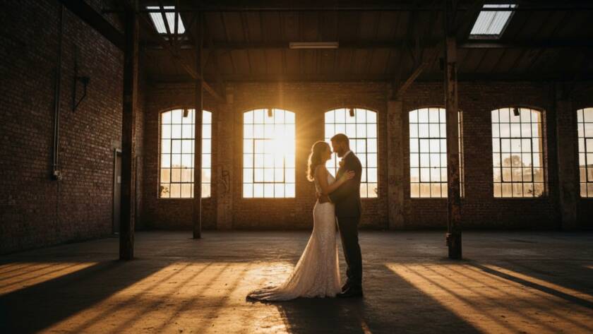 An epic moment of a newlywed couple embracing passionately amidst the dramatic, industrial backdrop of a converted warehouse in Sunshine North, showcasing Sunshine North wedding photography authentic industrial charm under a breathtaking sunset glow, with professional cinematic colour grading.