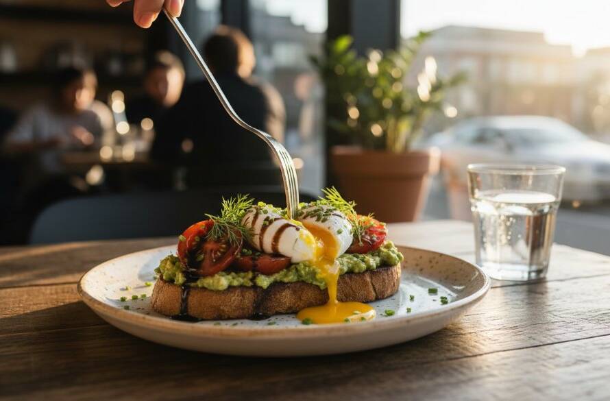 Dramatic and mouth-watering professional cafe food photography in Sunshine, Victoria, showing an epic moment of a perfectly styled brunch plate with vibrant colours and dynamic lighting, highlighting the fresh ingredients and inviting textures, captured by Image by SD.