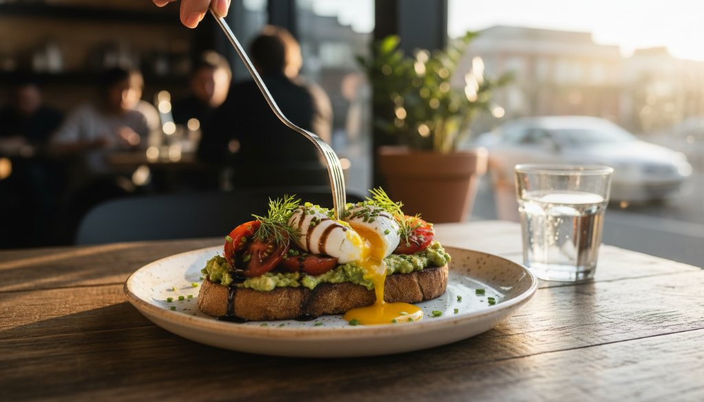 Dramatic and mouth-watering professional cafe food photography in Sunshine, Victoria, showing an epic moment of a perfectly styled brunch plate with vibrant colours and dynamic lighting, highlighting the fresh ingredients and inviting textures, captured by Image by SD.