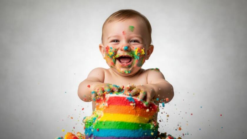 An adorable one-year-old baby in Sunshine West, covered in cake, laughing joyfully during their first birthday cake smash photoshoot, captured with dramatic lighting and professional colour grading.