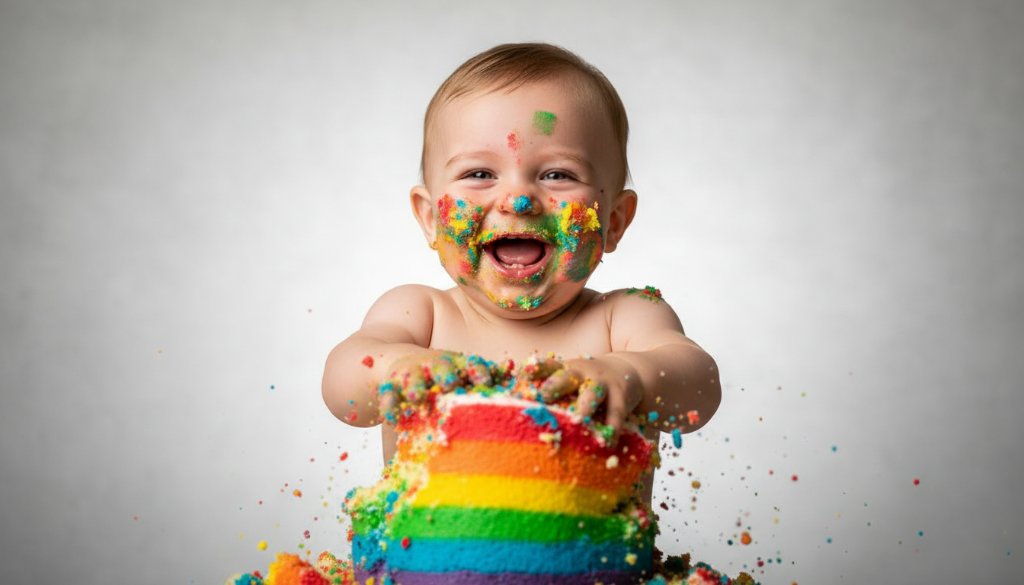 An adorable one-year-old baby in Sunshine West, covered in cake, laughing joyfully during their first birthday cake smash photoshoot, captured with dramatic lighting and professional colour grading.