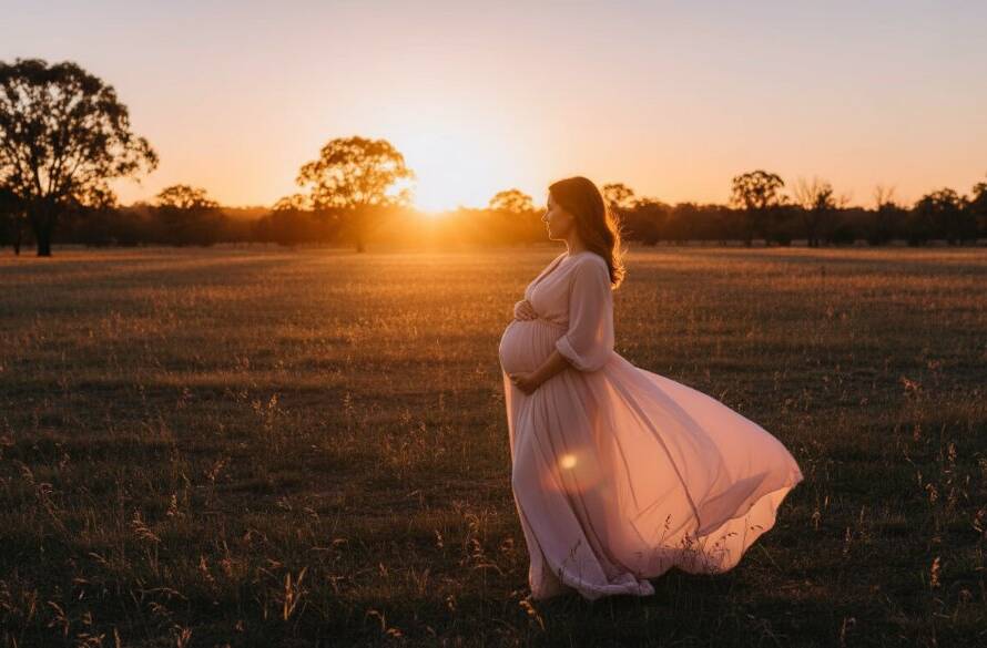 An epic, professionally colour-graded photograph capturing a pregnant woman in a flowing gown during a Sunshine West maternity photography golden hour session, bathed in warm, dramatic light at sunset, with a serene local landscape in the background, showcasing her radiant glow.