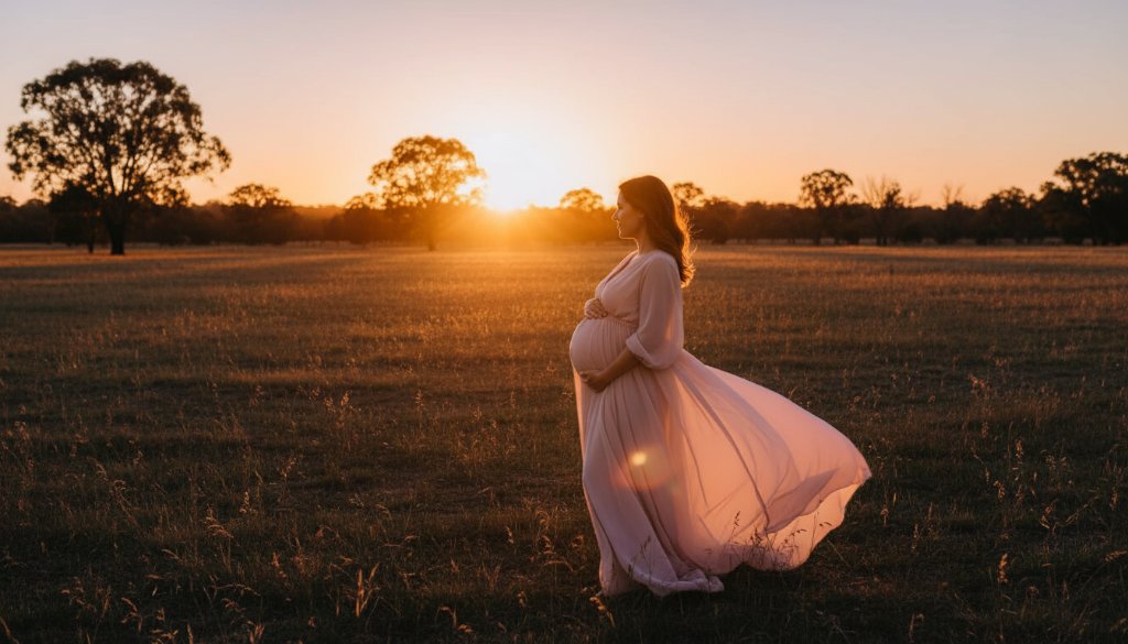 An epic, professionally colour-graded photograph capturing a pregnant woman in a flowing gown during a Sunshine West maternity photography golden hour session, bathed in warm, dramatic light at sunset, with a serene local landscape in the background, showcasing her radiant glow.