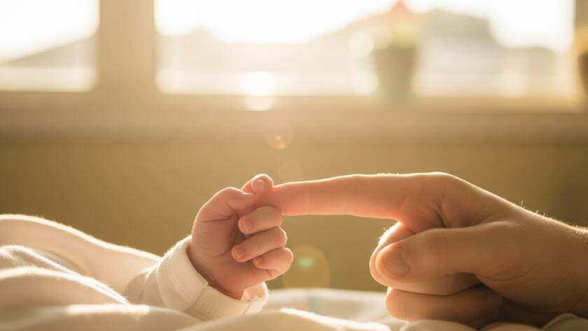 A dramatic, cinematic photograph capturing Sunshine West newborn photography authentic family moments, showing parents' hands gently holding their baby's tiny feet with a soft, warm glow, evoking love and new beginnings.