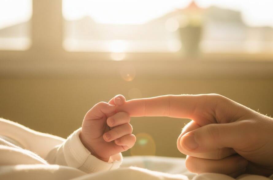 A dramatic, cinematic photograph capturing Sunshine West newborn photography authentic family moments, showing parents' hands gently holding their baby's tiny feet with a soft, warm glow, evoking love and new beginnings.