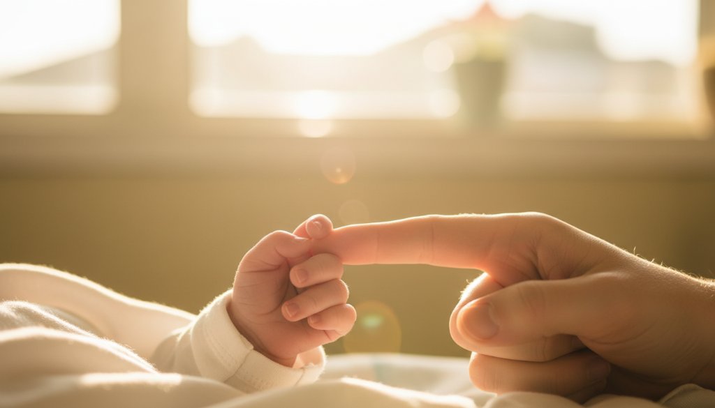 A dramatic, cinematic photograph capturing Sunshine West newborn photography authentic family moments, showing parents' hands gently holding their baby's tiny feet with a soft, warm glow, evoking love and new beginnings.