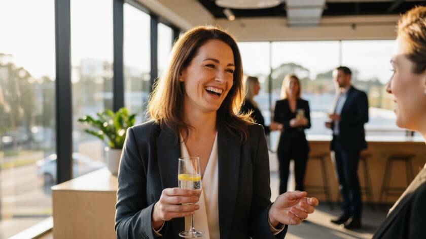 An inspiring Surrey Hills Corporate Headshots for Professional Branding photo of a confident professional smiling genuinely in a modern, light-filled office space in Surrey Hills, with soft, golden hour light highlighting their profile, conveying expertise and approachability.