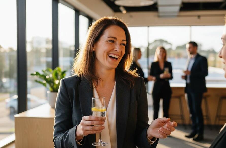 An inspiring Surrey Hills Corporate Headshots for Professional Branding photo of a confident professional smiling genuinely in a modern, light-filled office space in Surrey Hills, with soft, golden hour light highlighting their profile, conveying expertise and approachability.