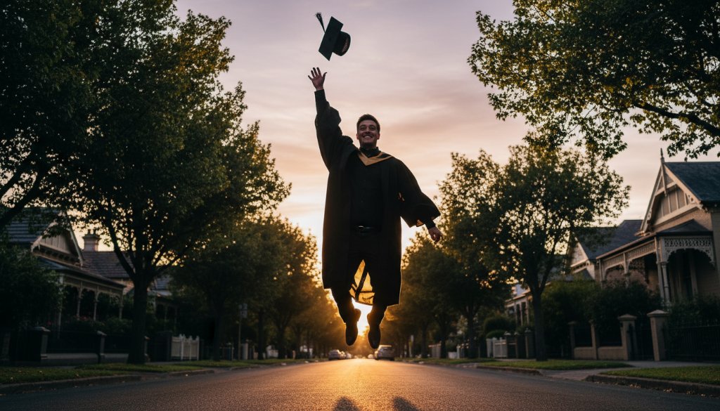 A triumphant graduate, beaming with joy, in Surrey Hills, celebrating their achievement. This epic moment of their creative graduation photos Victoria is captured with dramatic, golden hour lighting amidst lush greenery, showcasing their cap thrown high in the air.