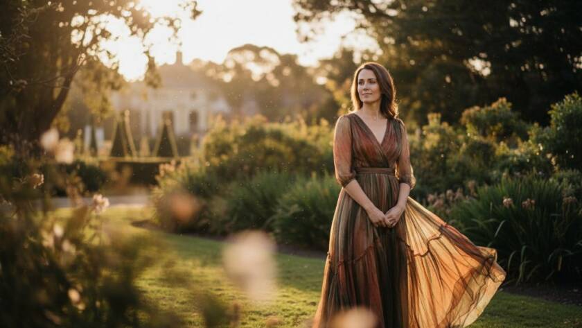 An evocative Surrey Hills fine art portrait photography image featuring a contemplative woman gazing at golden hour light, captured with dramatic flair and professional colour grading, emphasizing timeless elegance.