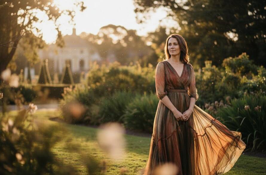 An evocative Surrey Hills fine art portrait photography image featuring a contemplative woman gazing at golden hour light, captured with dramatic flair and professional colour grading, emphasizing timeless elegance.