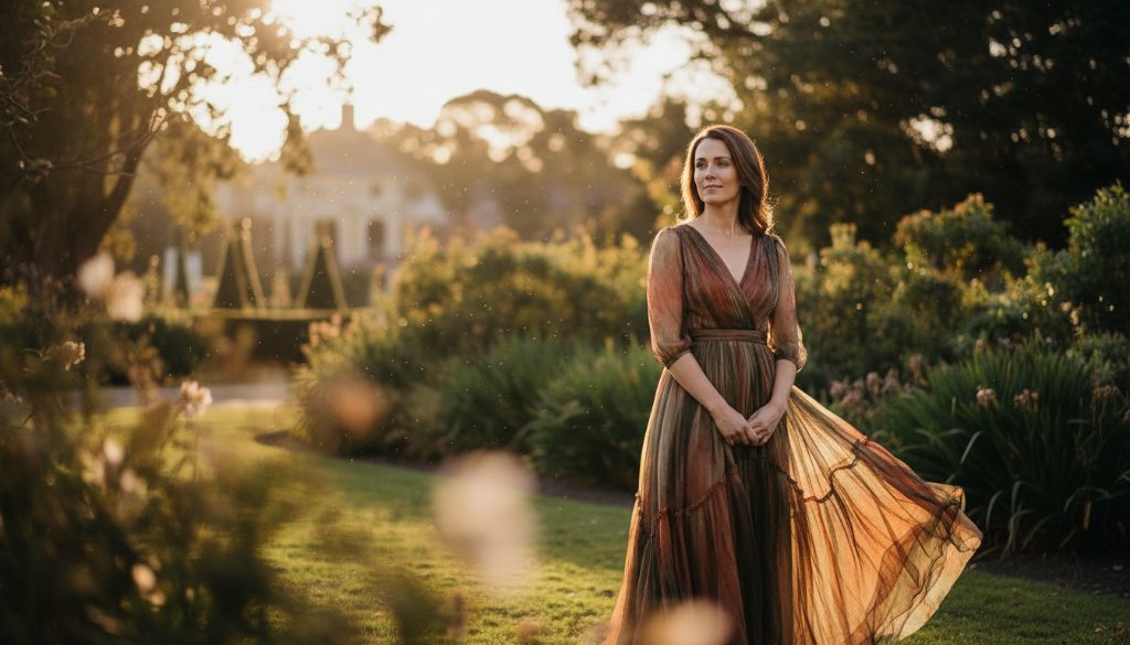 An evocative Surrey Hills fine art portrait photography image featuring a contemplative woman gazing at golden hour light, captured with dramatic flair and professional colour grading, emphasizing timeless elegance.