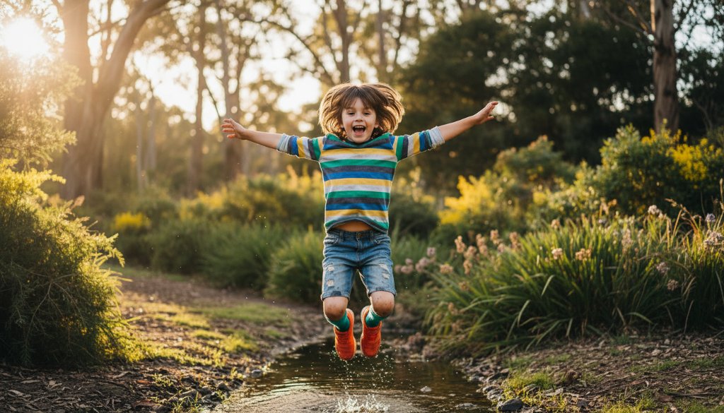 An epic moment captured through Surrey Hills kids photography: a child joyfully leaping through golden afternoon light in a Surrey Hills park, surrounded by native trees, with a wide, authentic smile, portraying pure childhood wonder.