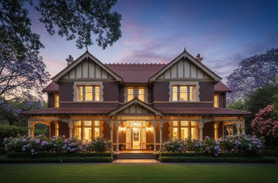An exquisite twilight photograph showcasing a beautifully lit modern luxury home in Surrey Hills, highlighting its stunning architectural details and lush garden, perfectly representing Surrey Hills luxury home photography services.
