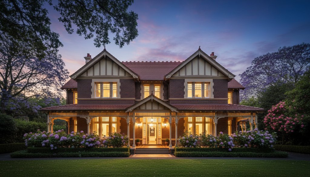 An exquisite twilight photograph showcasing a beautifully lit modern luxury home in Surrey Hills, highlighting its stunning architectural details and lush garden, perfectly representing Surrey Hills luxury home photography services.