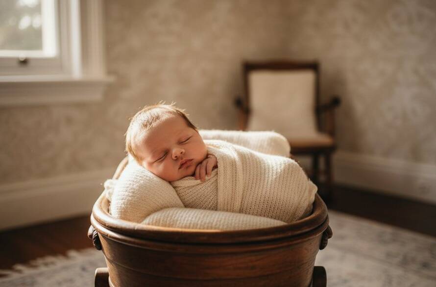 A tender and breathtaking close-up of a newborn baby's tiny hand gently gripping a parent's finger, bathed in soft, ethereal light streaming through a window in a classic Surrey Hills home, embodying the precious first moments of Surrey Hills newborn photography. The scene is professionally colour-graded with a warm, intimate tone, capturing an epic, emotional connection.