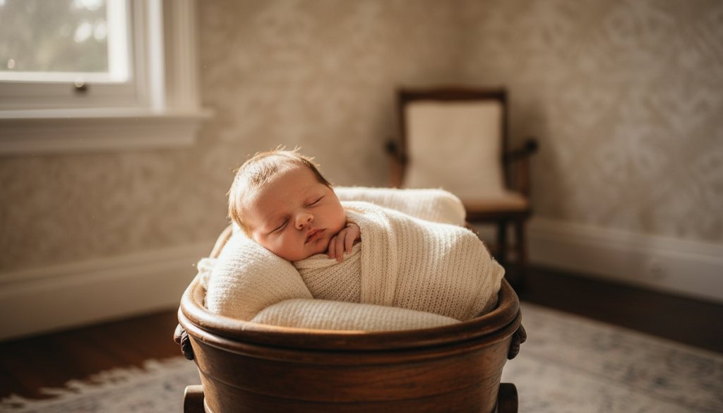 A tender and breathtaking close-up of a newborn baby's tiny hand gently gripping a parent's finger, bathed in soft, ethereal light streaming through a window in a classic Surrey Hills home, embodying the precious first moments of Surrey Hills newborn photography. The scene is professionally colour-graded with a warm, intimate tone, capturing an epic, emotional connection.