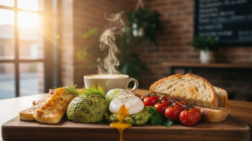 A dramatically lit, close-up shot of a perfectly plated avocado toast with poached eggs and chilli flakes, steam subtly rising, on a rustic wooden table inside a bustling Surrey Hills cafe, showcasing the expertise of Surrey Hills vibrant cafe food photography experts.